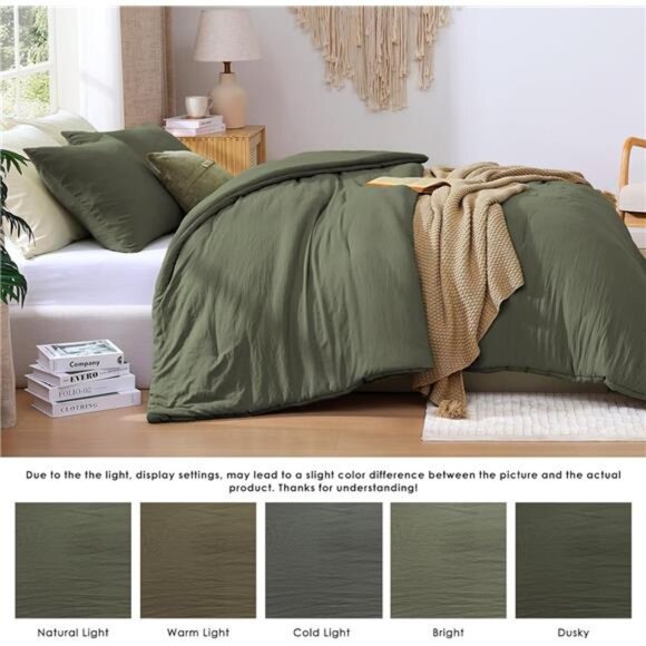 Queen Comforter Set - 3 Pieces Prewashed Olive Green Comforter Soft Lightweight - Picture 4 of 7